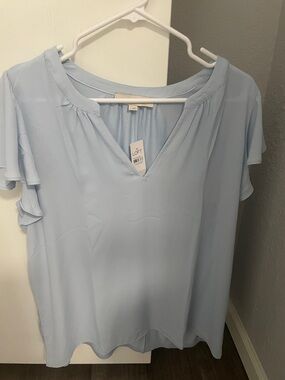 LOFT Pale Blue Flutter Sleeve V-Neck Blouse